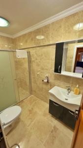 a bathroom with a toilet and a sink and a shower at ZEREN APART 2 CENTRUM in Uzungöl +18 photos