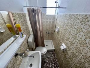 a bathroom with a toilet and a sink and a shower at Prado Hotel Apartments in Limín Litochórou