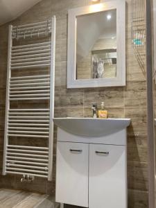 een badkamer met een witte wastafel en een spiegel bij U Wewody Fridlantskeho in Frýdlant