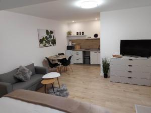uma sala de estar com um sofá e uma cozinha em Ubytovanie MARINEL em Bojnice