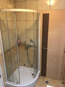 um chuveiro com uma porta de vidro na casa de banho em Guest House Hober em Prevalje