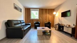 TV a/nebo společenská místnost v ubytování Chalet avec terrasse sur pilotis vue sur l'étang