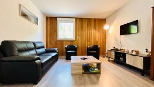 TV a/nebo společenská místnost v ubytování Chalet avec terrasse sur pilotis vue sur l'étang