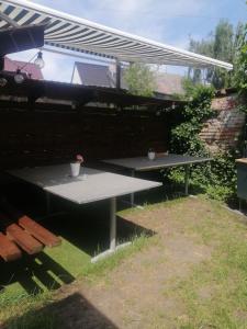 een picknicktafel en banken in de tuin bij Willa Epiona in Stepnica