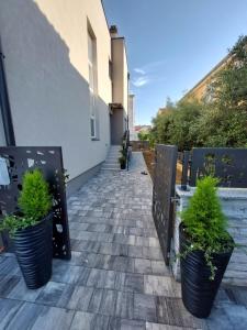 eine Terrasse mit zwei Topfpflanzen und einem Zaun in der Unterkunft Family apartment Amare in Zadar