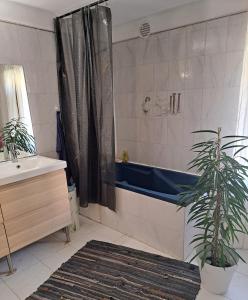 y baño con bañera, lavamanos y ducha. en Chambre Cassis en Arlés