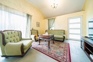 Sala de estar con 2 sofás y mesa de centro en Pool & River House - Lazara, en Danilovgrad