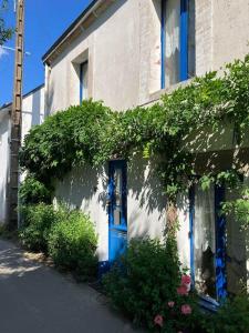 a building with a blue door and some plants at Petite maison de pêcheur in Ile aux Moines