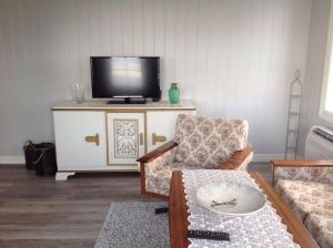 uma sala de estar com um sofá e uma televisão em Å i Lofoten em Moskenes