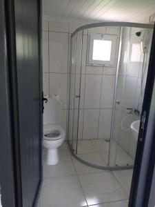 een badkamer met toilet en glazen douche bij Ayas Apart in Macka