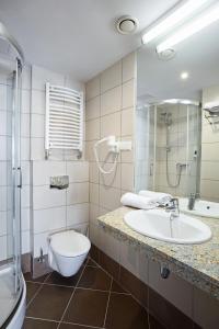 uma casa de banho com um lavatório, um WC e um espelho. em Hotel Royal Botanic em Lublin