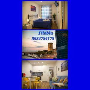 a collage of photos of a bedroom and a living room at Filoblu appartamento Formia in Formia