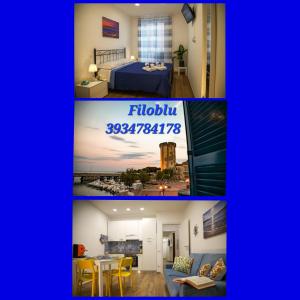 een collage van foto's van een slaapkamer en een woonkamer bij Filoblu appartamento Formia in Formia