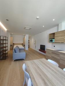 sala de estar amplia con sofá azul y mesa en Apartamentos Pillotegi parking gratuito, en San Sebastián