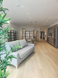 sala de estar con sofá y cocina en Apartamentos Pillotegi parking gratuito, en San Sebastián