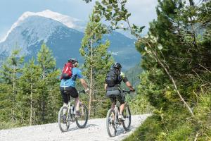 Dos personas montando bicicletas en un sendero de montaña en Haus Ferdinand, en Leutasch