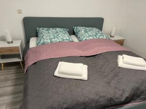 - une chambre avec un lit et 2 oreillers dans l'établissement Ferienwohnung Heidi, à Wahlhausen