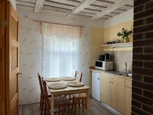 uma cozinha com uma mesa e cadeiras numa cozinha em Ostsee Apartments em Ventspils