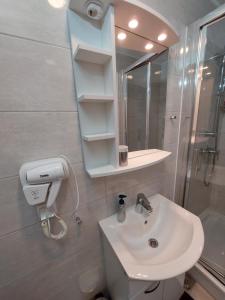 uma casa de banho com um lavatório e um espelho em Apartmani Elisa em Stari Grad