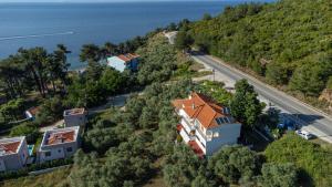 an aerial view of a house on a hill next to the ocean at Studios Elena in Skala Rachoniou