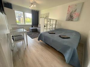 a bedroom with a bed and a chair and a couch at 2-Room City center, parking in Oulu