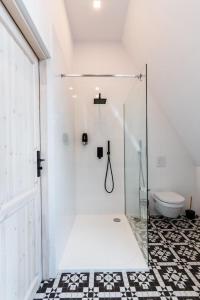 カトヴィツェにあるLivingRoom 4A self Check-in 24hのバスルーム(ガラス張りのシャワー、トイレ付)