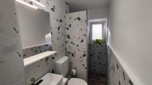 a bathroom with a toilet and a wall with rocks at ADRIATIC APARTMENT center II MAKARSKA in Makarska +15 photos