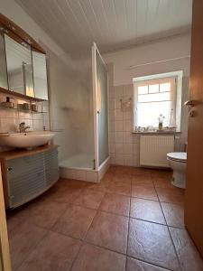 La salle de bains est pourvue d'un lavabo, d'une douche et de toilettes. dans l'établissement Hof Baden, Ferienwohnung, à Schneverdingen