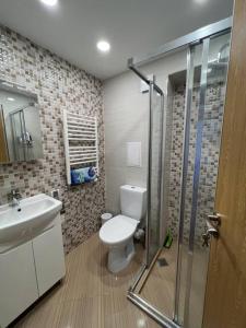 a bathroom with a toilet and a sink and a shower at Cozy and bright apartment in Sofia