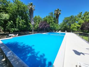 una piscina azul con árboles en el fondo en Cabañas Las Marias en San Rafael