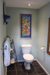 La salle de bains est pourvue de toilettes et d'une peinture murale. dans l'établissement La Métairie des Songes, à Gourdon