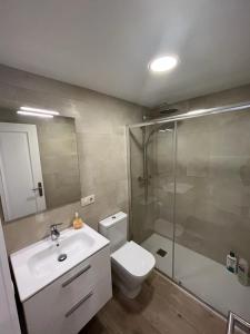 een badkamer met een toilet, een douche en een wastafel bij Casa Xoana in Vilagarcia de Arousa