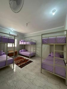 um quarto com 3 beliches com lençóis roxos em Skylen Hostel em Hurghada