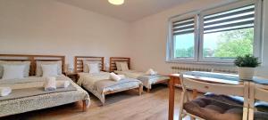 a room with three beds and a table and a window at Pokoje i Apartamenty na Szkolnej in Zator