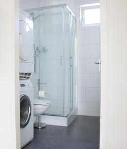 uma casa de banho com um WC e uma máquina de lavar roupa em Gastenverblijf Janssen in Schagen (NH) em Schagen