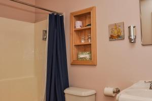 a bathroom with a toilet and a shower with a blue shower curtain at Chanterelle Inn & cottages in Baddeck
