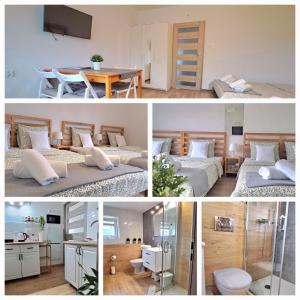 a collage of pictures of a bedroom with two beds at Pokoje i Apartamenty na Szkolnej in Zator