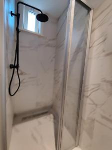 een douche met een glazen deur in de badkamer bij K50165 Modern apartment near the center and free parking in Eindhoven