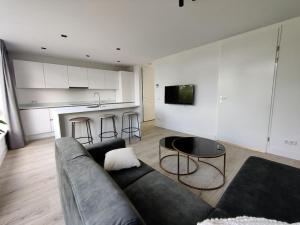 een woonkamer met een bank en een tafel bij K50165 Modern apartment near the center and free parking in Eindhoven
