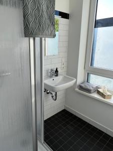 baño con lavabo y ducha con ventana en Ruhige Wohnung mit 2 Schlafzimmern auf 80qm, en Kürnach