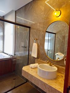 uma casa de banho com um lavatório, um chuveiro e um espelho. em Hotel Villa Greenberg em Monte Verde