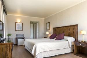 a bedroom with a large white bed with purple pillows at Soft Bariloche Hotel in San Carlos de Bariloche +44 photos