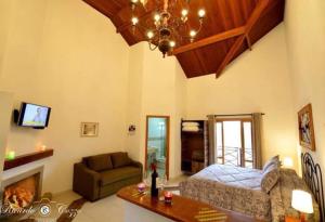 a bedroom with a bed and a living room with a fireplace at Hotel Villa Greenberg in Monte Verde