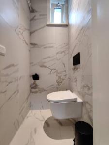 een witte badkamer met een toilet en een raam bij k50159 Spacious and modern apartment near the city center, free parking in Eindhoven