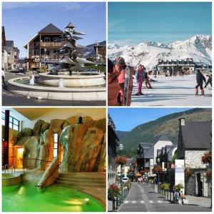 a group of four pictures of a town with a fountain at La Mansarde – Apt. 4 personnes in Saint-Lary-Soulan