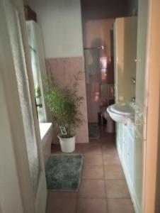 uma casa de banho com um lavatório, uma banheira e um WC. em Retreat Wilderness Lössnitz-Hochland Moritzburg OT Reichenberg em Moritzburg