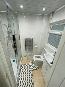 a bathroom with a shower and a toilet and a sink at Self-Contained Ground Floor Flat in Nottingham
