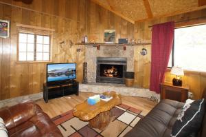 a living room with a couch and a fireplace at Canyon Cabin - A quaint cabin in a peaceful location yet close to Big Bear's attractions! in Fawnskin