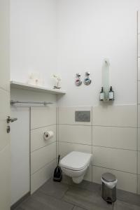 a white bathroom with a toilet and a shelf at Apartments an der Arena Leipzig in Leipzig