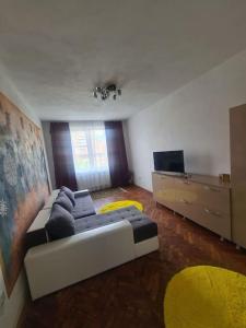 - une chambre avec un lit, une commode et une télévision dans l'établissement Mural Art Apartament, à Petroşani
